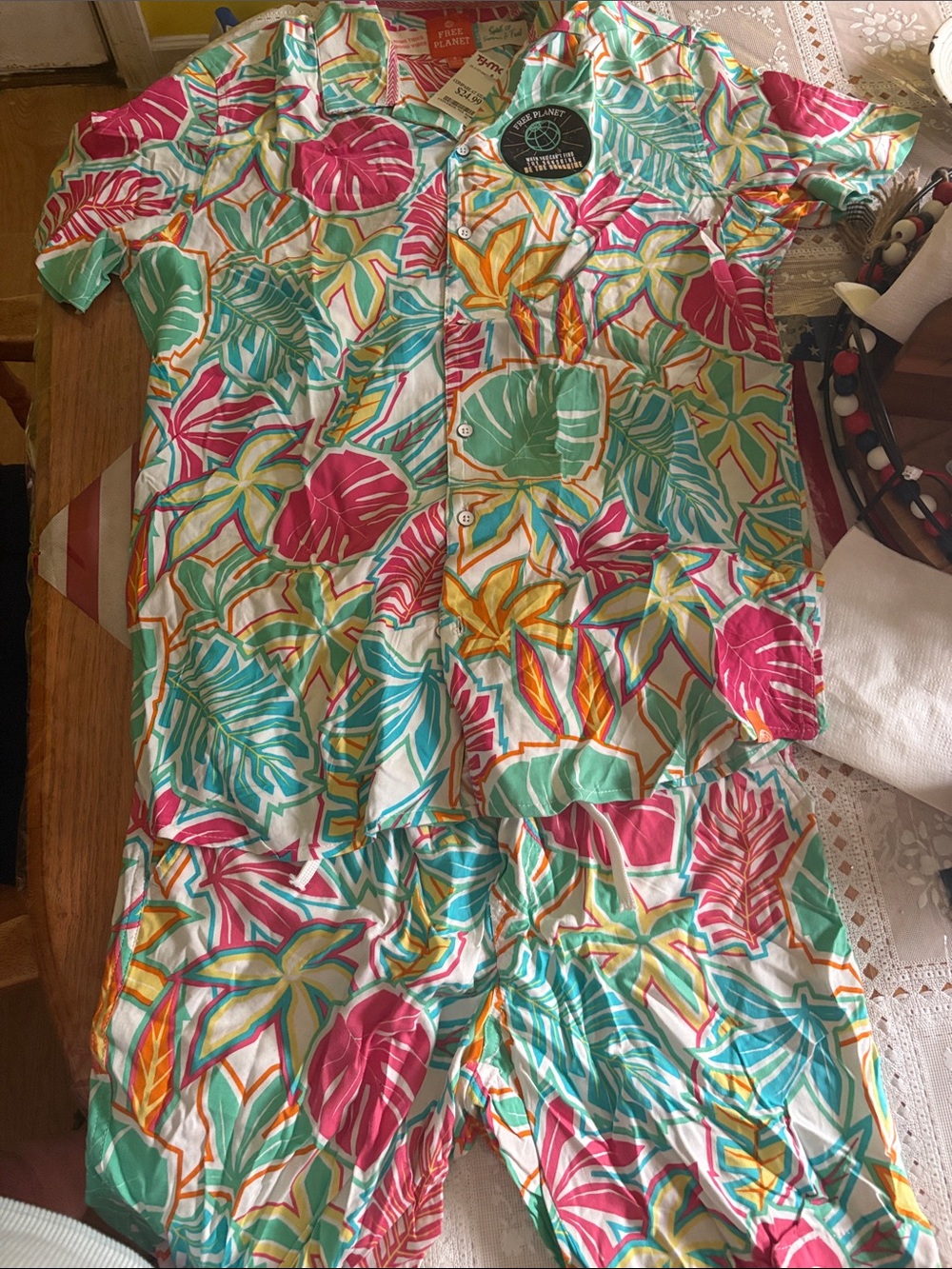 Free Planet Tropical Leaf Button-Up in Pink, Teal & Orange